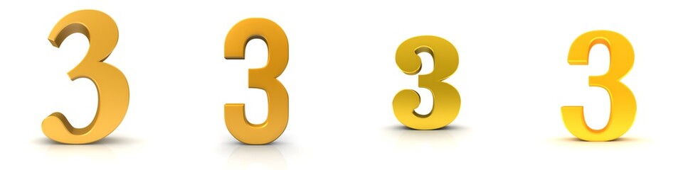 3 three number golden sign 3d rendering set
