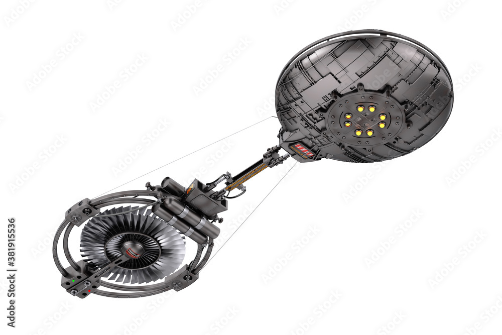 Poster spaceship, space station or alien ufo spacecraft in flight. 3d rendering
