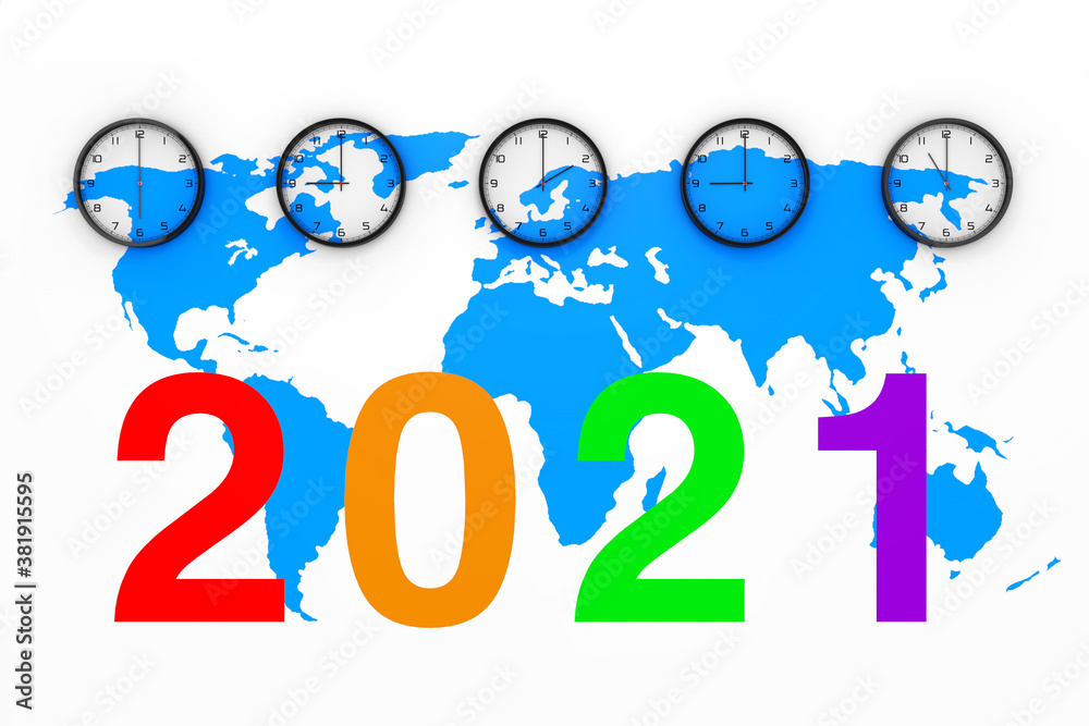 Poster Set of Clocks with Different World Time, Blue World Map and New 2021 Year Sign. 3d Rendering