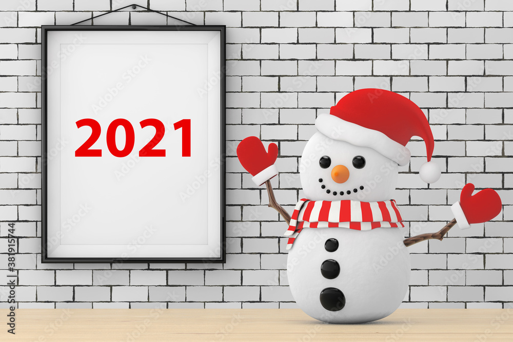 Aufkleber Snowman in front of Brick Wall with Frame 2021 Sign. 3d Rendering