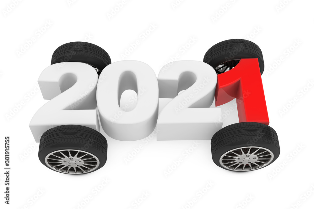 Poster 2021 year concept with car wheels. 3d rendering