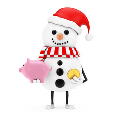 Snowman in Santa Claus Hat Character Mascot with Piggy Bank and Golden Dollar Coin. 3d Rendering