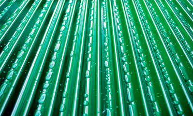 Water Droplets On Abstract Green Background, Water Drops On Green Zinc Roof