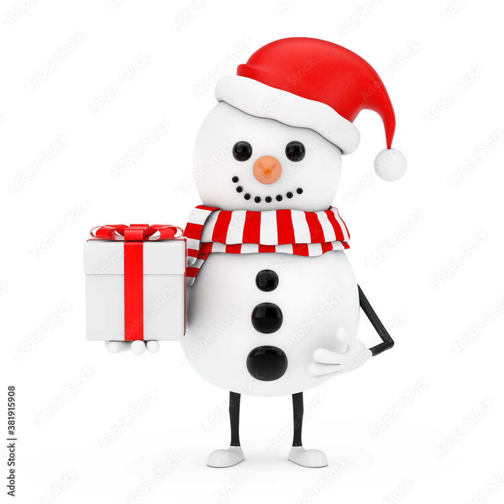 Poster snowman in santa claus hat character mascot with gift box with red ribbon. 3d rendering