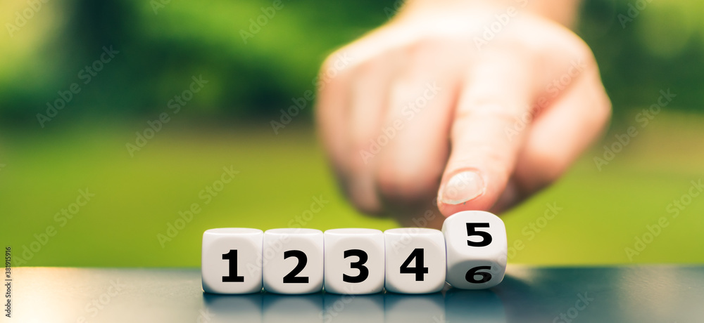 Wall mural symbol for basic teaching. hand turns dice and corrects the sequence of numbers from 