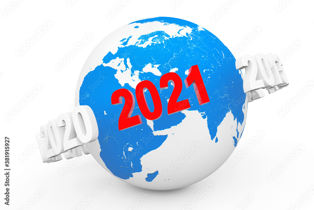 Poster New Year Concept. 3d number 2021 around Earth Globe. 3d Rendering