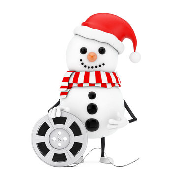 Snowman in Santa Claus Hat Character Mascot with Film Reel Cinema Tape. 3d Rendering