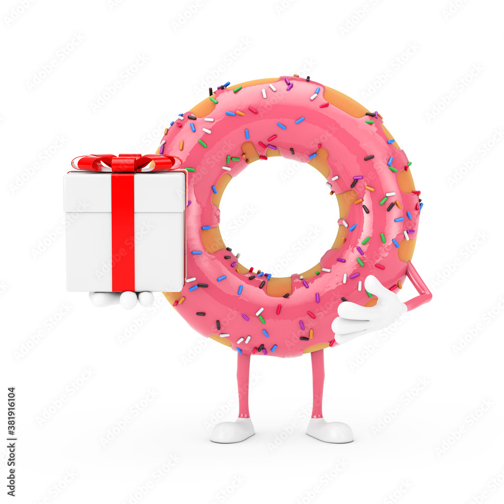 Poster big strawberry pink glazed donut character mascot with gift box with red ribbon. 3d rendering