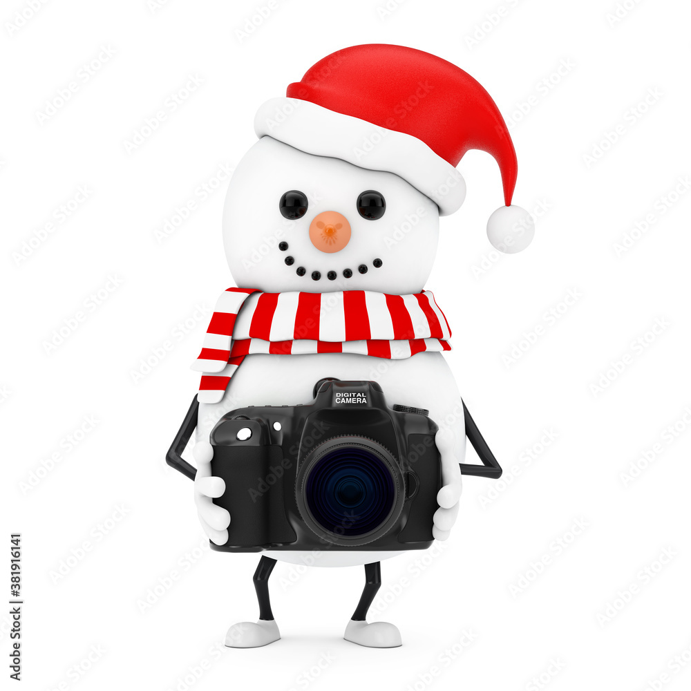 Poster snowman in santa claus hat character mascot with modern digital photo camera. 3d rendering