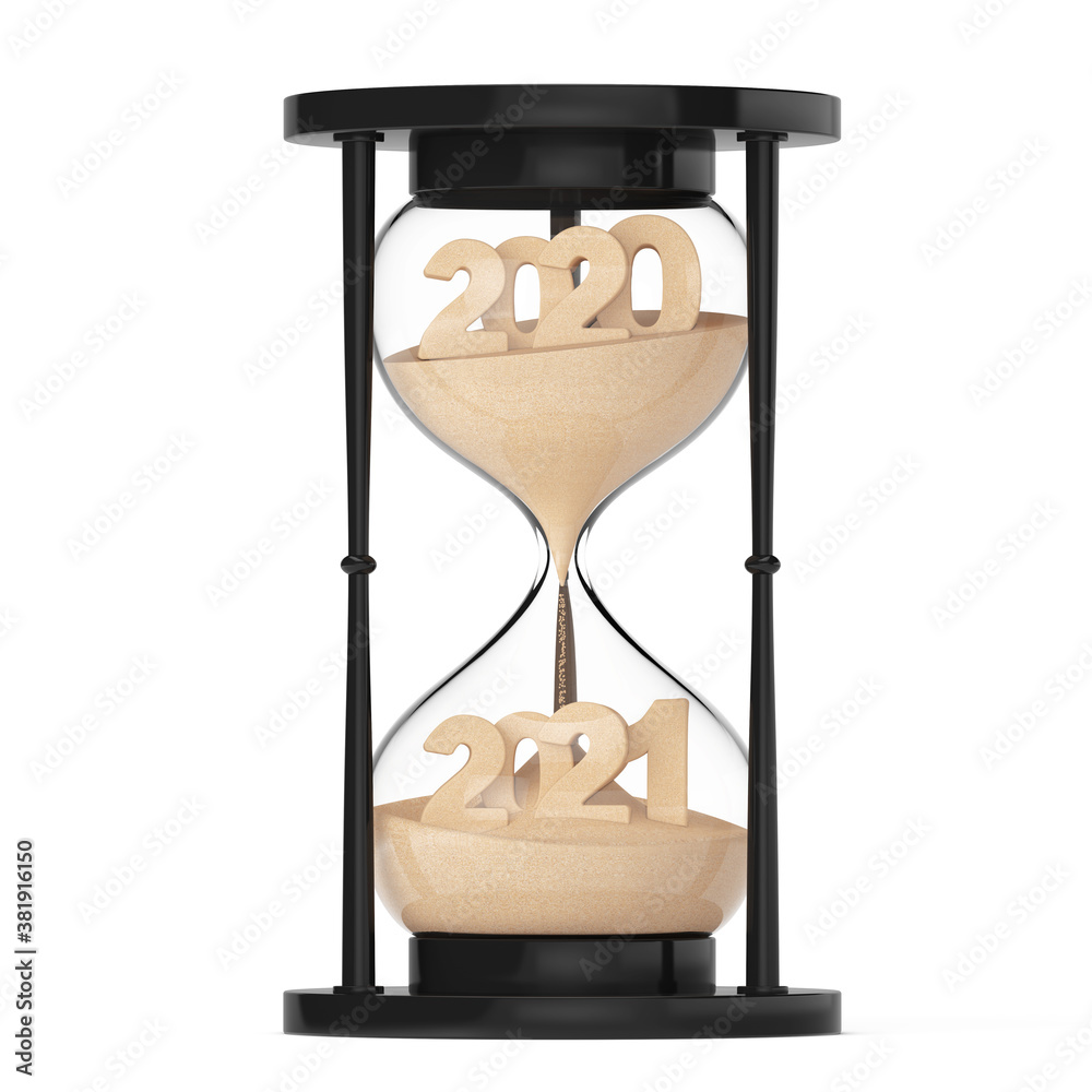 Poster New 2021 Year Concept. Sand Falling in Hourglass Taking the Shape from 2020 to 2021. 3d Rendering