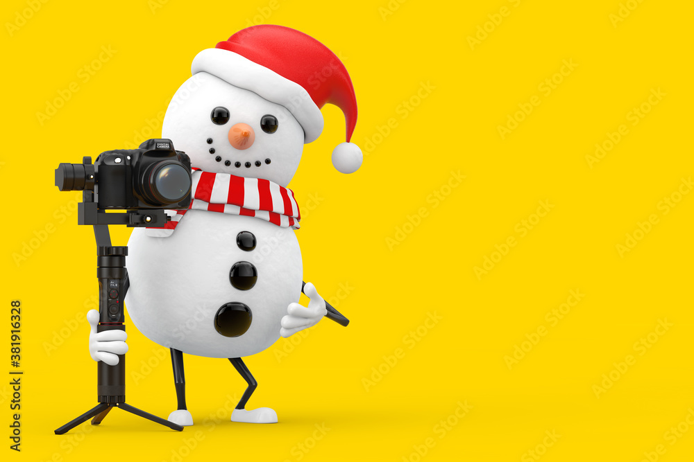 Fototapete snowman in santa claus hat character mascot with red heart and dslr or video camera gimbal stabiliza