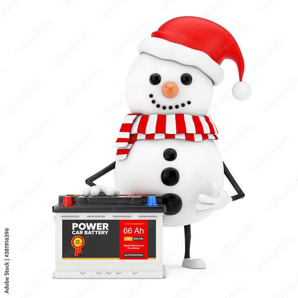 Aufkleber Snowman in Santa Claus Hat Character Mascot and Rechargeable Car Battery 12V Accumulator with Abstract Label. 3d Rendering