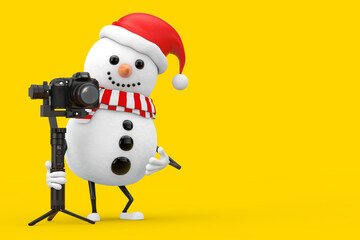 Snowman in Santa Claus Hat Character Mascot with Red Heart and DSLR or Video Camera Gimbal Stabilization Tripod System. 3d Rendering