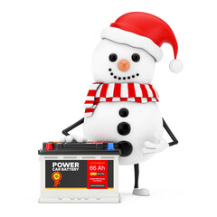 Snowman in Santa Claus Hat Character Mascot and Rechargeable Car Battery 12V Accumulator with Abstract Label. 3d Rendering