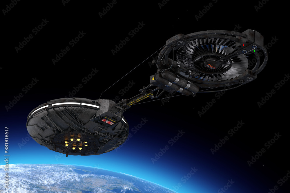 Poster Spaceship, Space Station or Alien UFO Spacecraft in Flight Orbiting Earth. Elements of this image furnished by NASA. 3d Rendering