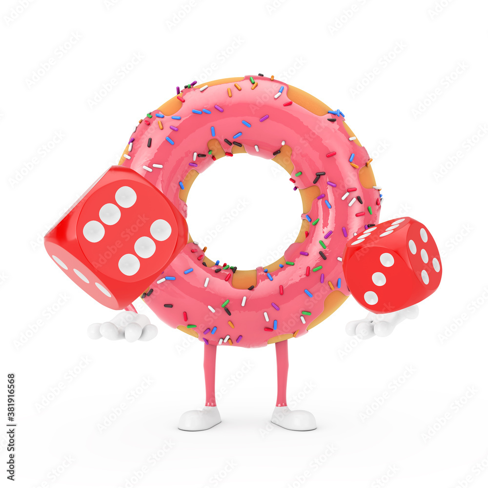 Leinwandbilder big strawberry pink glazed donut character mascot with red game dice cubes in flight. 3d rendering