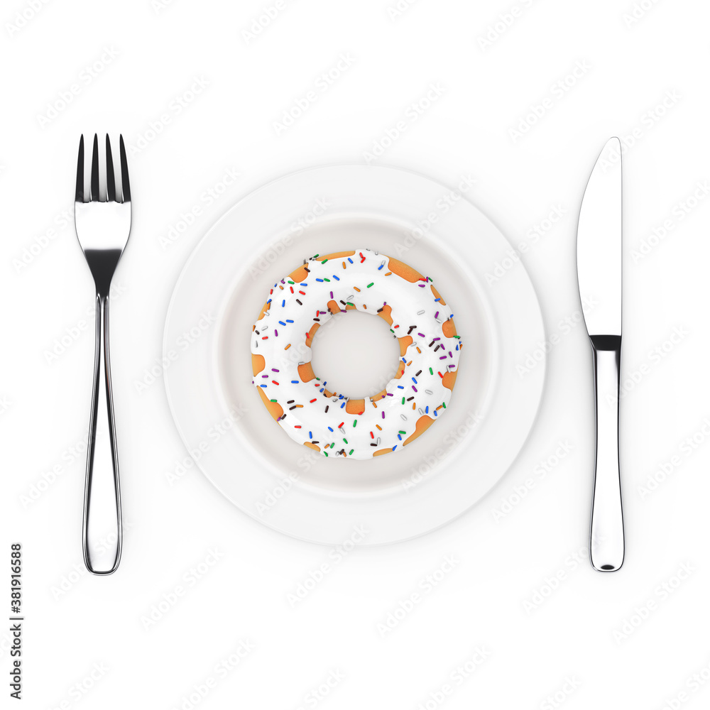 Aufkleber fork and knife near plate with big white chocolate glazed donut with color sprinkles, top view. 3d r