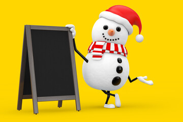 Snowman in Santa Claus Hat Character Mascot with Blank Wooden Menu Blackboards Outdoor Display. 3d Rendering