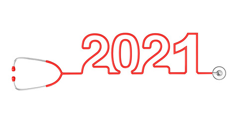 Red Stethoscope Tubing Forming New 2021 Year Sign. 3d Rendering