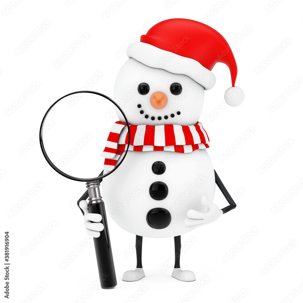 Aufkleber snowman in santa claus hat character mascot with magnifying glass. 3d rendering