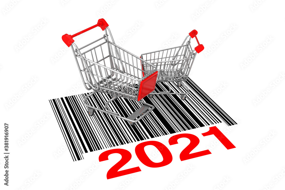 Poster Two Empty Shopping Carts over Abstract Bar Code with New 2021 Year Sign. 3d Rendering