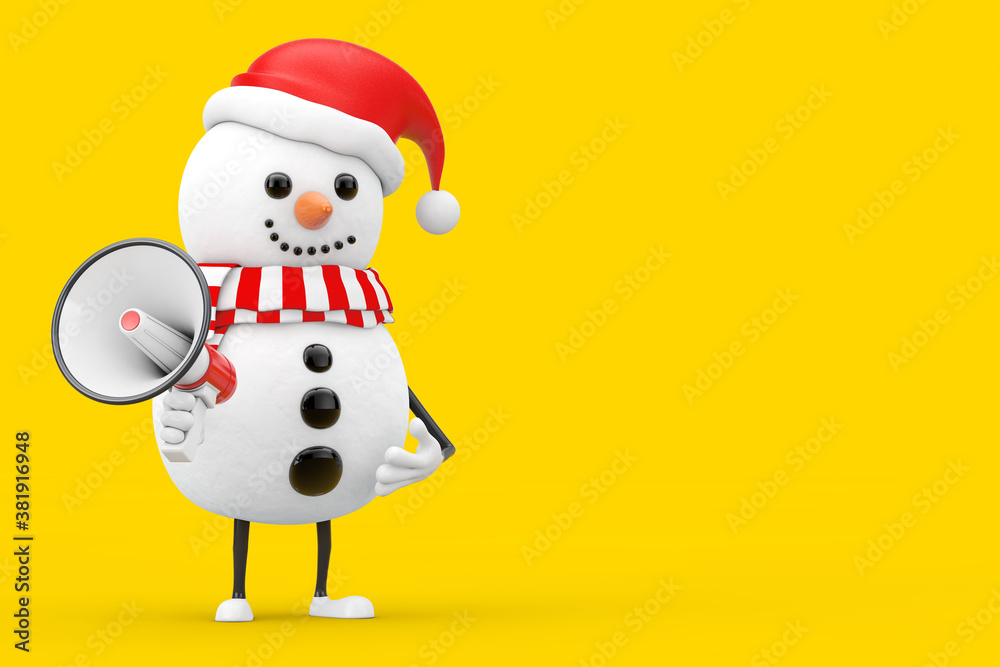 Poster snowman in santa claus hat character mascot with red retro megaphone. 3d rendering