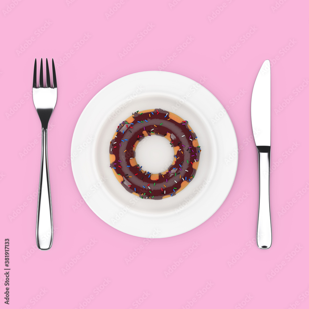 Aufkleber fork and knife near plate with big chocolate glazed donut with color sprinkles, top view. 3d renderi