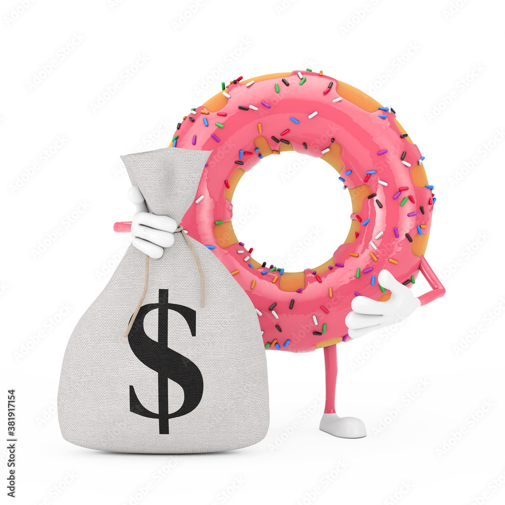 Poster big strawberry pink glazed donut character mascot with tied rustic canvas linen money sack or money 