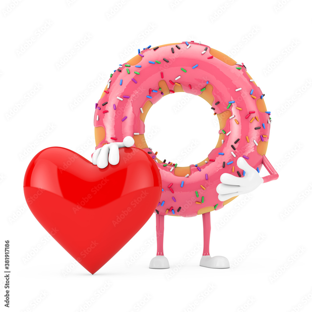 Aufkleber big strawberry pink glazed donut character mascot with red heart. 3d rendering