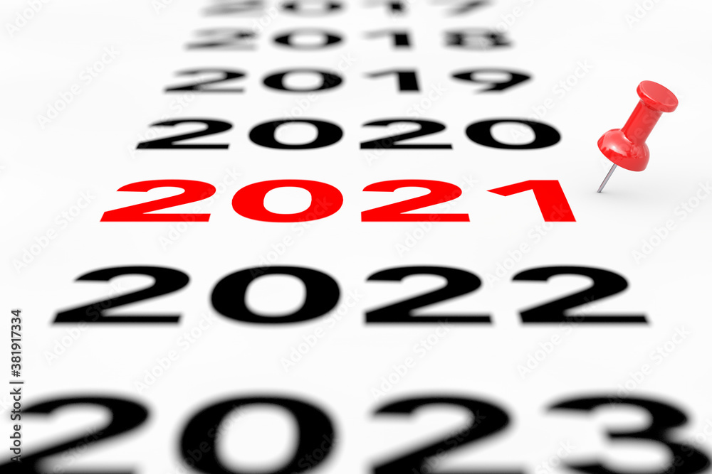 Poster New 2021 Year Sign with Red Pin Marker. 3d Rendering