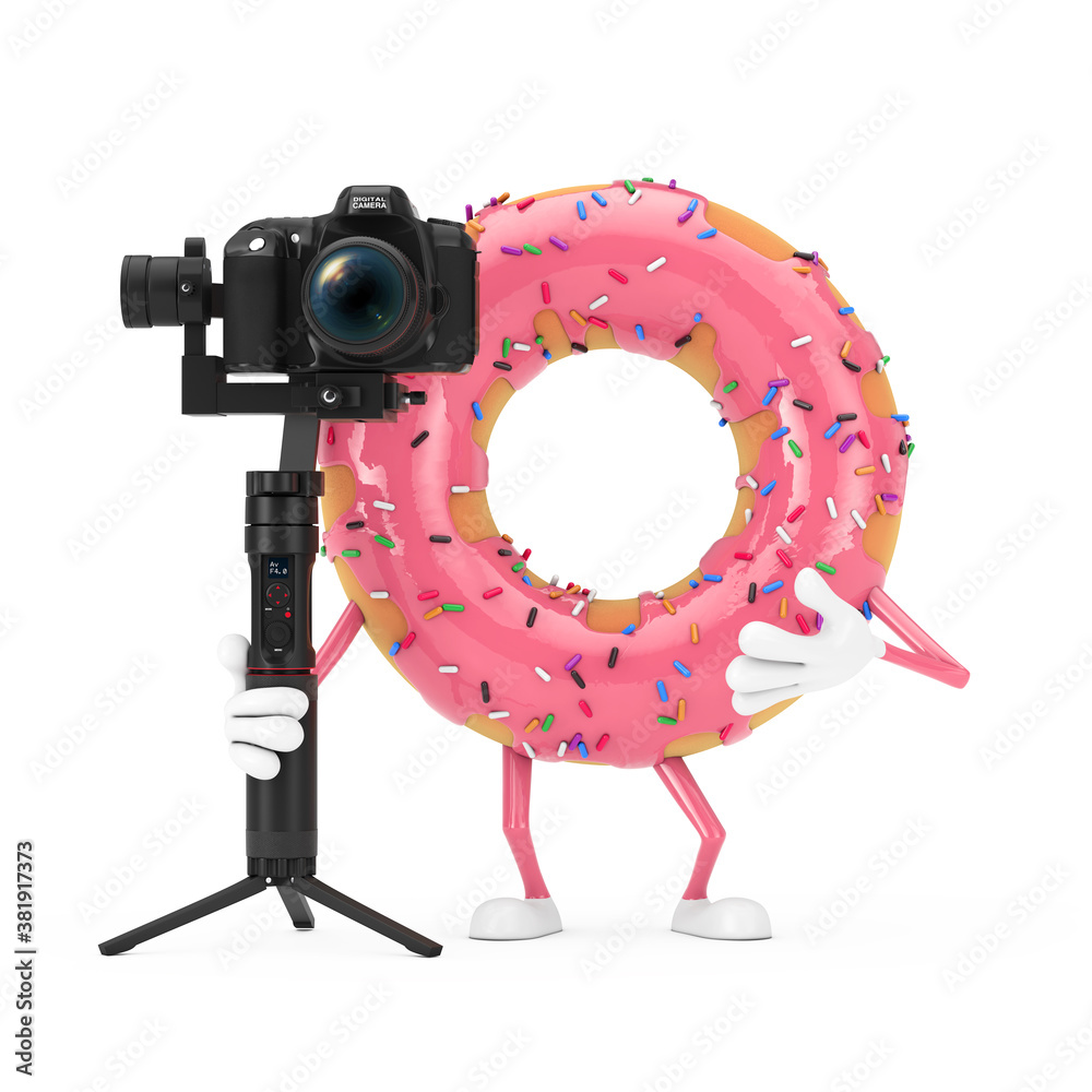 Aufkleber big strawberry pink glazed donut character mascot with dslr or video camera gimbal stabilization tri