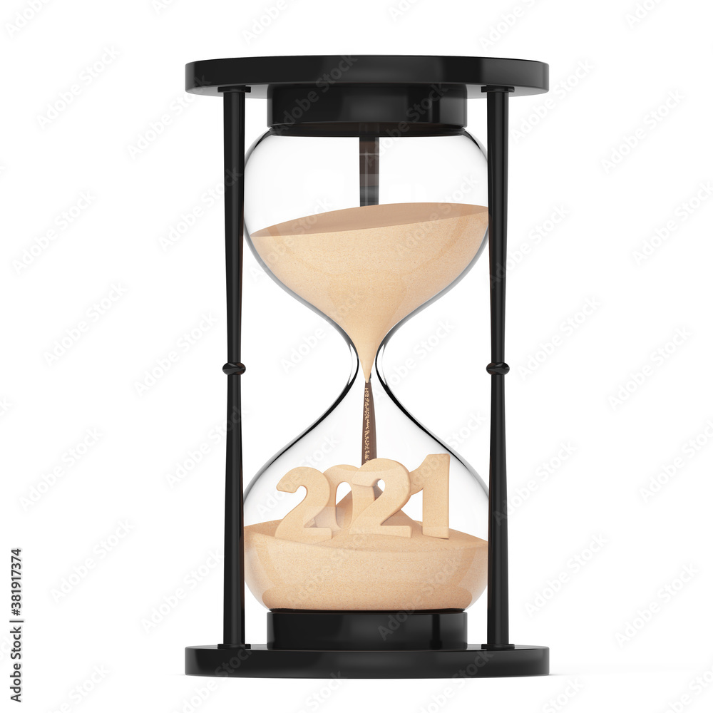 Poster New 2021 Year Concept. Sand Falling in Hourglass Taking the Shape to 2021. 3d Rendering