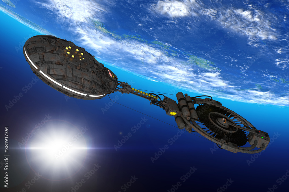Aufkleber Spaceship, Space Station or Alien UFO Spacecraft in Flight Orbiting Earth. Elements of this image furnished by NASA. 3d Rendering