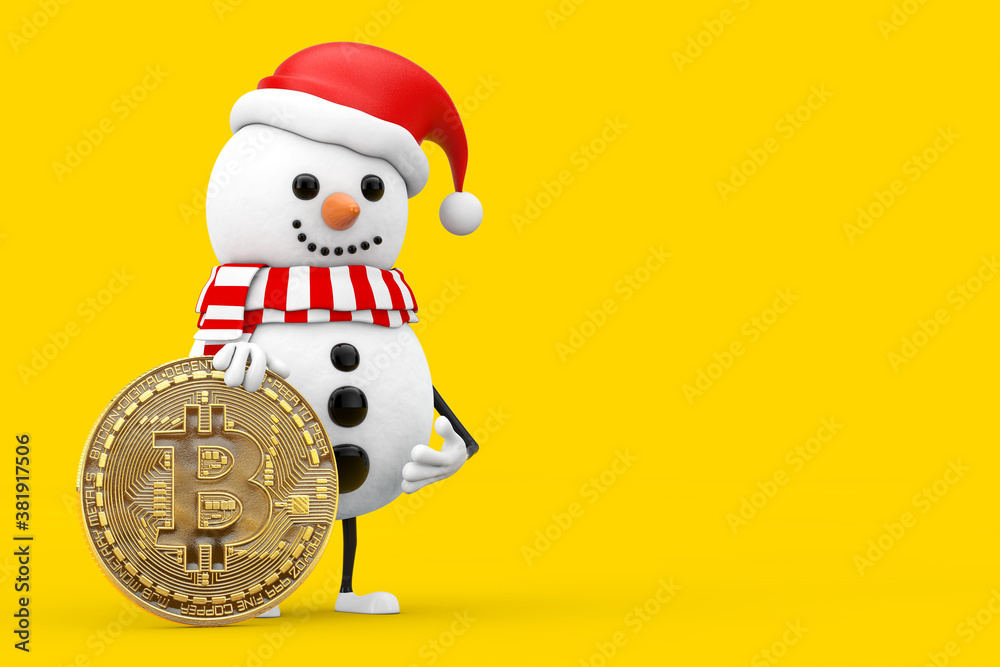 Aufkleber snowman in santa claus hat character mascot with digital and cryptocurrency golden bitcoin coin. 3d 