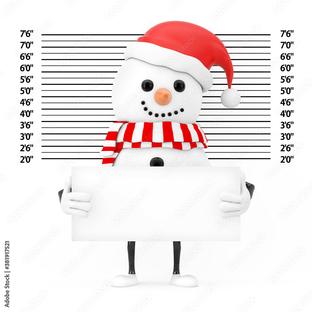 Poster snowman in santa claus hat character mascot with identification plate in front of police lineup or m