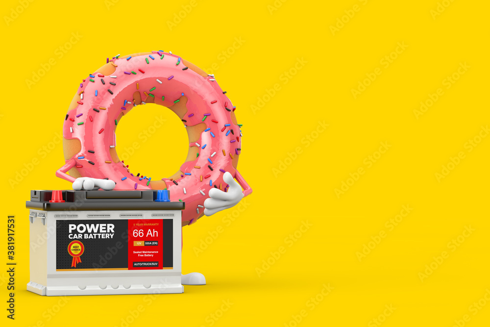 Poster big strawberry pink glazed donut character mascot and rechargeable car battery 12v accumulator with 