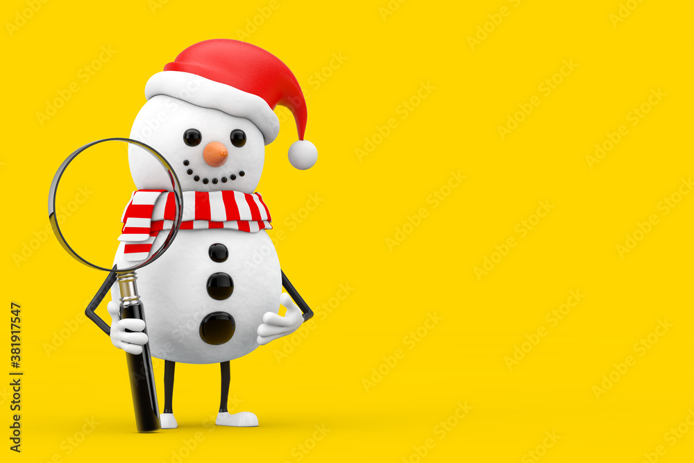 Aufkleber snowman in santa claus hat character mascot with magnifying glass. 3d rendering
