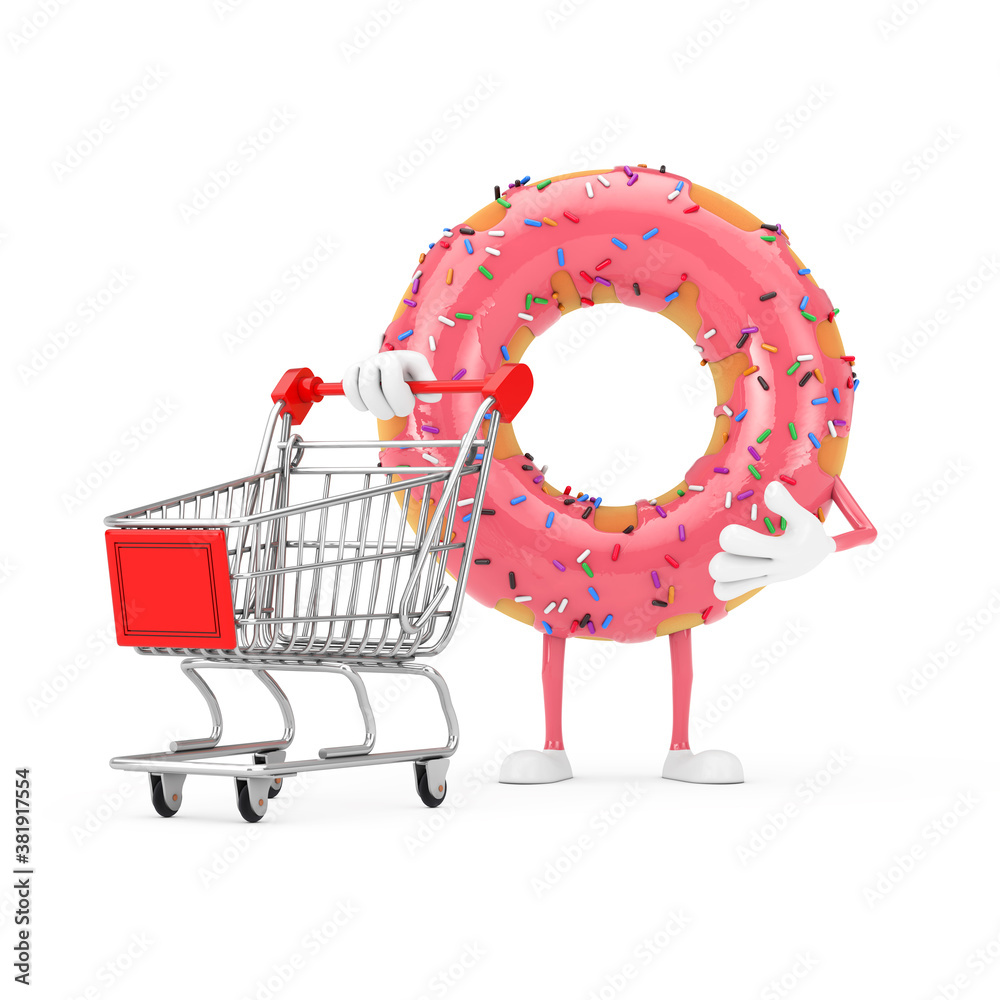 Poster big strawberry pink glazed donut character mascot with shopping cart trolley. 3d rendering