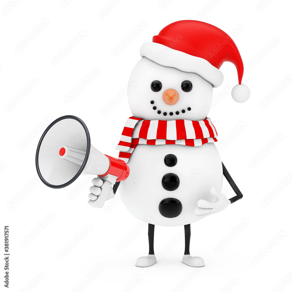 Aufkleber snowman in santa claus hat character mascot with red retro megaphone. 3d rendering