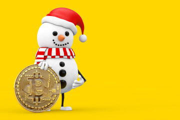 Snowman in Santa Claus Hat Character Mascot with Digital and Cryptocurrency Golden Bitcoin Coin. 3d Rendering