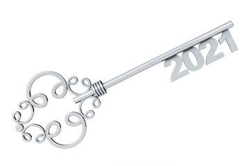 Silver Vintage Key with 2021 year Sign. 3d Rendering