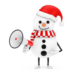 Snowman in Santa Claus Hat Character Mascot with Red Retro Megaphone. 3d Rendering