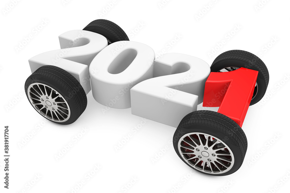 Poster 2021 Year Concept with Car Wheels. 3d Rendering