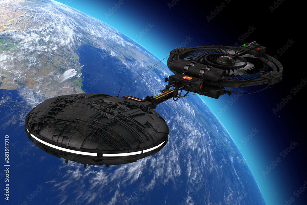 Poster Spaceship, Space Station or Alien UFO Spacecraft in Flight Orbiting Earth. Elements of this image furnished by NASA. 3d Rendering