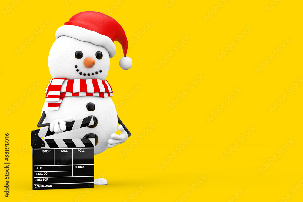 Aufkleber Snowman in Santa Claus Hat Character Mascot with Novie Clapper Board. 3d Rendering