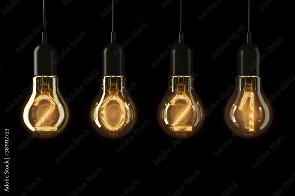 Poster Light Bulbs Illuminated 2021 New Year. 3d Rendering