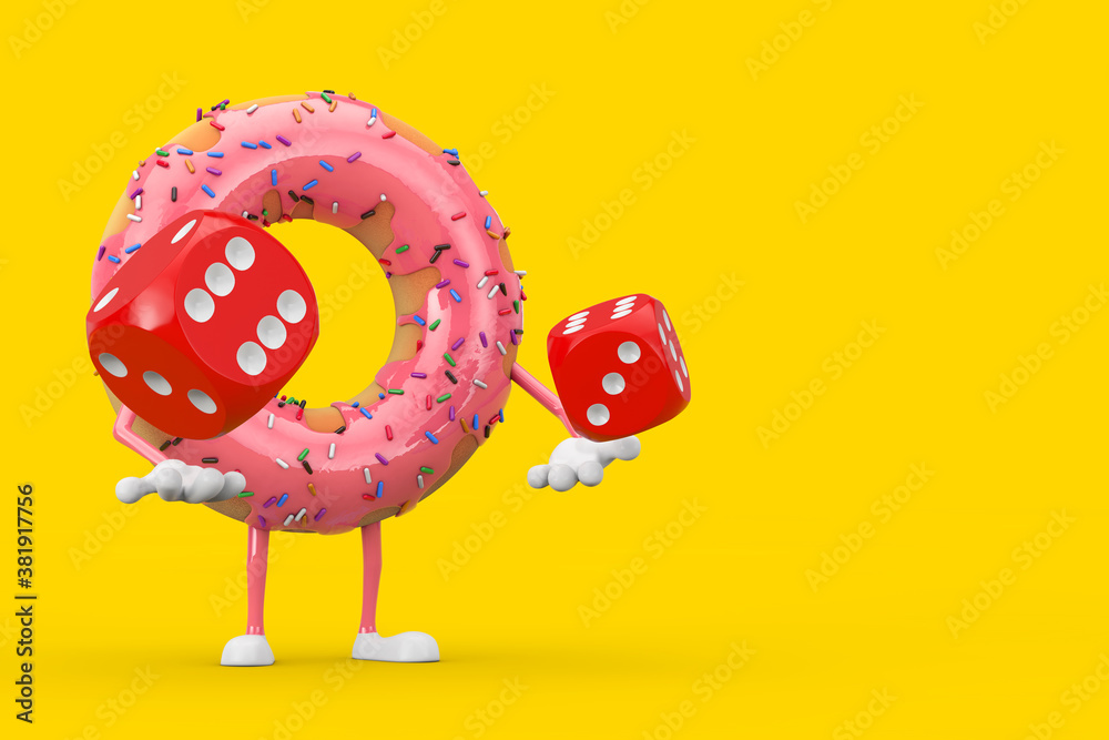Leinwandbilder big strawberry pink glazed donut character mascot with red game dice cubes in flight. 3d rendering