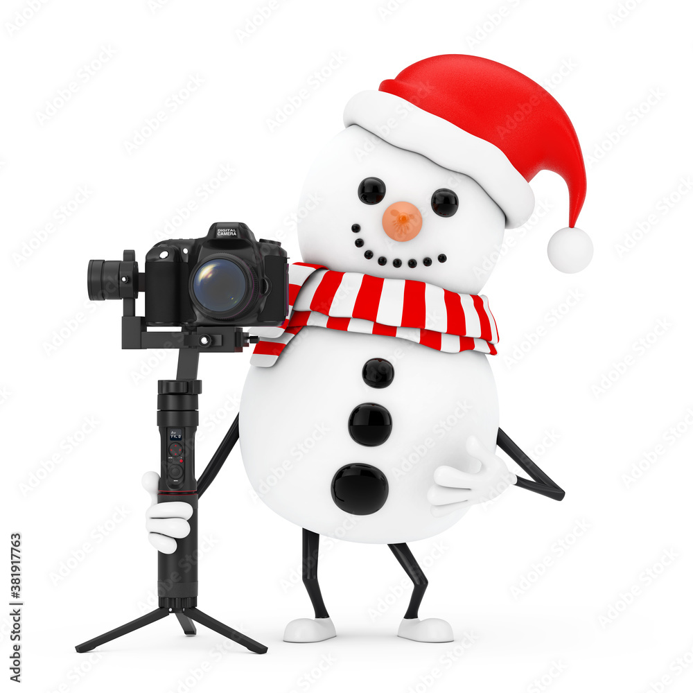 Aufkleber Snowman in Santa Claus Hat Character Mascot with Red Heart and DSLR or Video Camera Gimbal Stabilization Tripod System. 3d Rendering