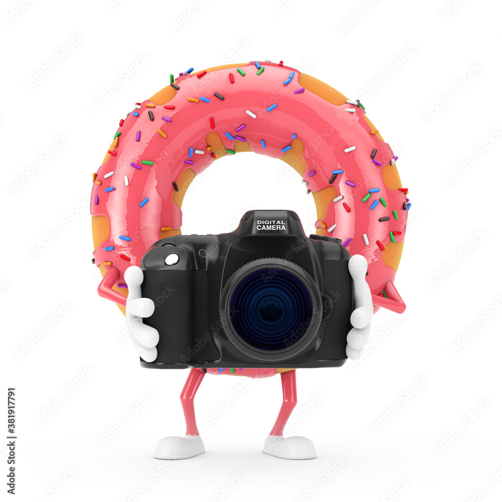 Aufkleber big strawberry pink glazed donut character mascot with modern digital photo camera. 3d rendering