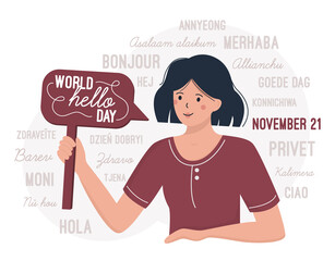 World Hello day November 21. A woman congratulates on the international day of greetings. Flat vector illustration in red colors. Hello in different languages, Chinese, Russian, Italian, Arabic
